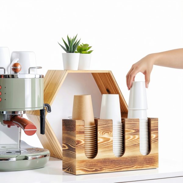 Wood Coffee Cup and Lid Holder Organizer, Disposable Cup Dispenser for Countertop, Coffee Bar Accessories and Organzier, Wooden Cups Dispensr for Kitchen Breakroom Countertops-3