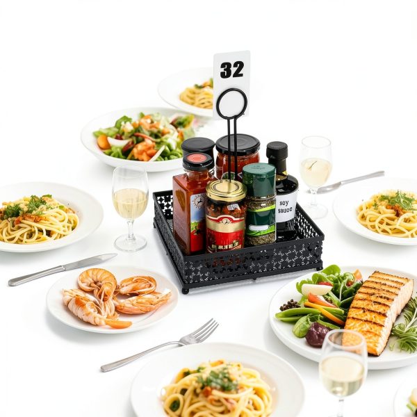 2 Pack Condiment Caddy, Metal Square Table Caddies Collection Spice Organizer with Number Card Holder for Kitchen Cabinet, Floral Decor Seasoning Sauce Holder for Outdoor Grill, Picnic, Party-6
