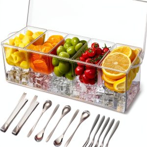 Condiment Server 5 Compartment Tray with Lid by FODIENS Transparent-0