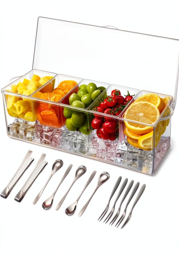 Condiment Server 5 Compartment Tray with Lid by FODIENS Transparent-0