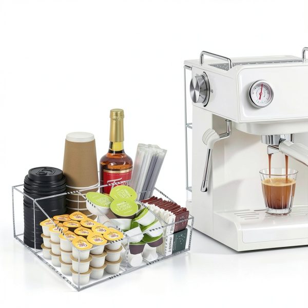 Tirifer Acrylic Coffee Bar Station Organizer for Countertop, Condiment Service Organizer Coffee Pods Storage Caddy Creamer Snack Tea Cup Supplies Holder for Home Office and Breakroom(Clear)-1