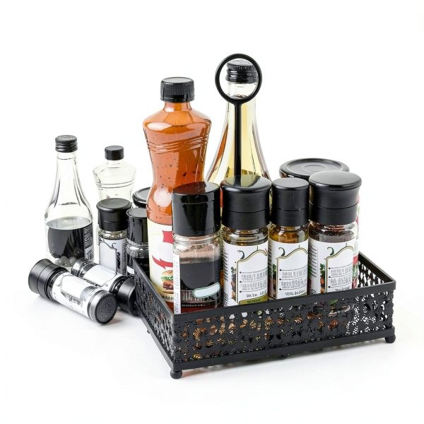 2 Pack Condiment Caddy, Metal Square Table Caddies Collection Spice Organizer with Number Card Holder for Kitchen Cabinet, Floral Decor Seasoning Sauce Holder for Outdoor Grill, Picnic, Party-4