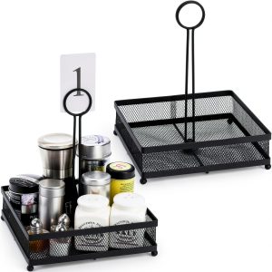 Lyellfe Set of 2 Metal Condiment Caddy, Square Table Caddy Collection with Number Card Holder, Black Tabletop Seasoning Spice Organizer for Grill Outdoors, Restaurant, Kitchen Cabinet-0