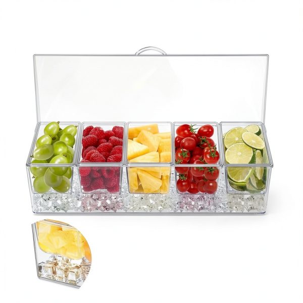 Condiment Server 5 Compartment Tray with Lid by FODIENS Transparent-3