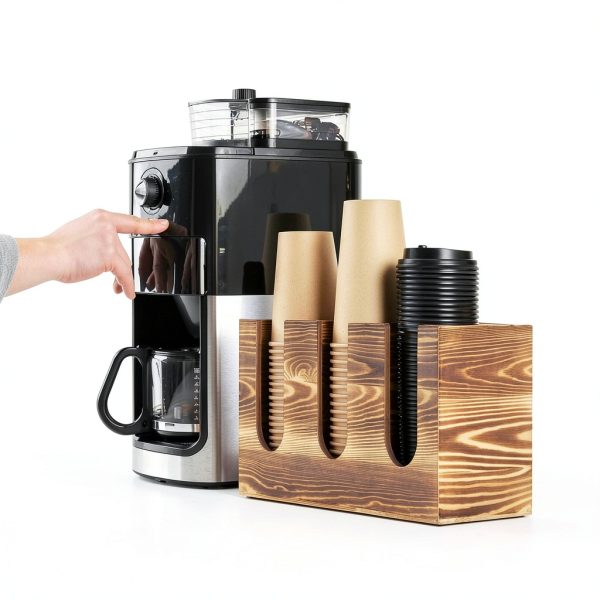 Wood Coffee Cup and Lid Holder Organizer, Disposable Cup Dispenser for Countertop, Coffee Bar Accessories and Organzier, Wooden Cups Dispensr for Kitchen Breakroom Countertops-4