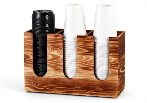 Wood Coffee Cup and Lid Holder Organizer, Disposable Cup Dispenser for Countertop, Coffee Bar Accessories and Organzier, Wooden Cups Dispensr for Kitchen Breakroom Countertops-0