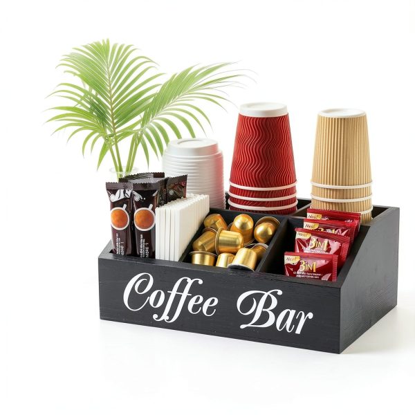 Coffee Bar Organizer Samhe 5-Compartment Wood Holder Black-4
