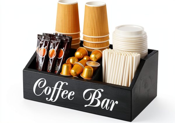 Coffee Bar Organizer Samhe 5-Compartment Wood Holder Black-0
