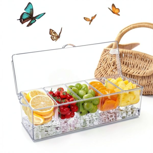 Condiment Server 5 Compartment Tray with Lid by FODIENS Transparent-8