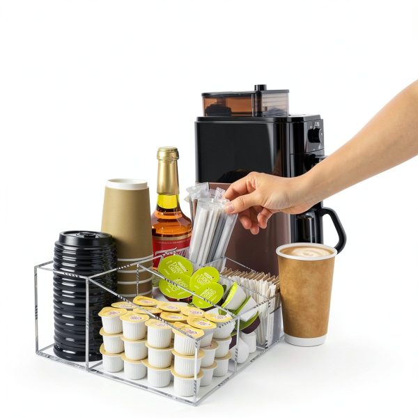 Tirifer Acrylic Coffee Bar Station Organizer for Countertop, Condiment Service Organizer Coffee Pods Storage Caddy Creamer Snack Tea Cup Supplies Holder for Home Office and Breakroom(Clear)-2