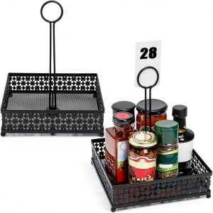 2 Pack Condiment Caddy, Metal Square Table Caddies Collection Spice Organizer with Number Card Holder for Kitchen Cabinet, Floral Decor Seasoning Sauce Holder for Outdoor Grill, Picnic, Party-0