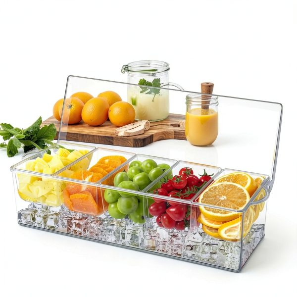 Condiment Server 5 Compartment Tray with Lid by FODIENS Transparent-6