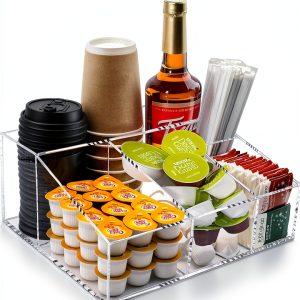 Tirifer Acrylic Coffee Bar Station Organizer for Countertop, Condiment Service Organizer Coffee Pods Storage Caddy Creamer Snack Tea Cup Supplies Holder for Home Office and Breakroom(Clear)-0