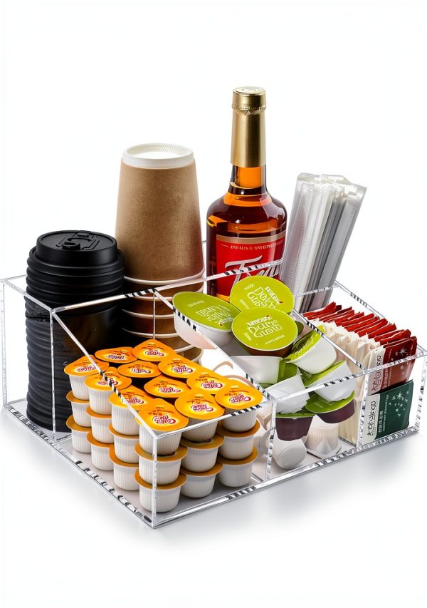 Tirifer Acrylic Coffee Bar Station Organizer for Countertop, Condiment Service Organizer Coffee Pods Storage Caddy Creamer Snack Tea Cup Supplies Holder for Home Office and Breakroom(Clear)-0