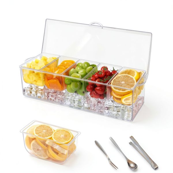 Condiment Server 5 Compartment Tray with Lid by FODIENS Transparent-1