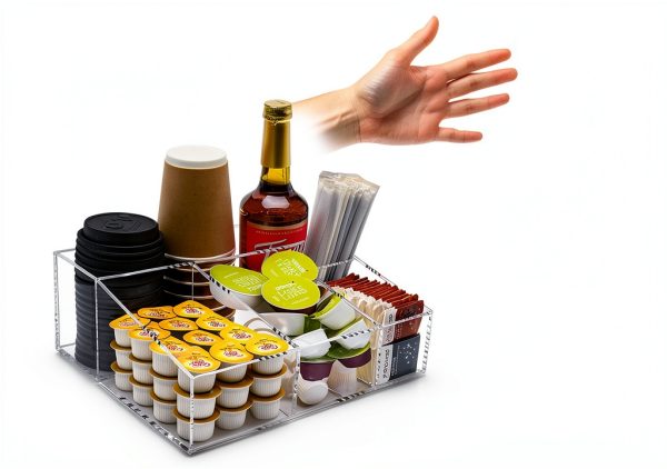 Tirifer Acrylic Coffee Bar Station Organizer for Countertop, Condiment Service Organizer Coffee Pods Storage Caddy Creamer Snack Tea Cup Supplies Holder for Home Office and Breakroom(Clear)-5