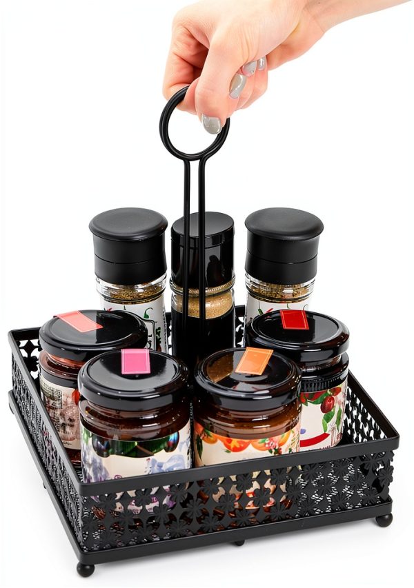 2 Pack Condiment Caddy, Metal Square Table Caddies Collection Spice Organizer with Number Card Holder for Kitchen Cabinet, Floral Decor Seasoning Sauce Holder for Outdoor Grill, Picnic, Party-2
