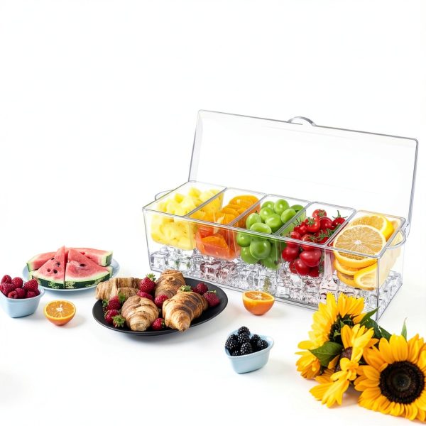 Condiment Server 5 Compartment Tray with Lid by FODIENS Transparent-5